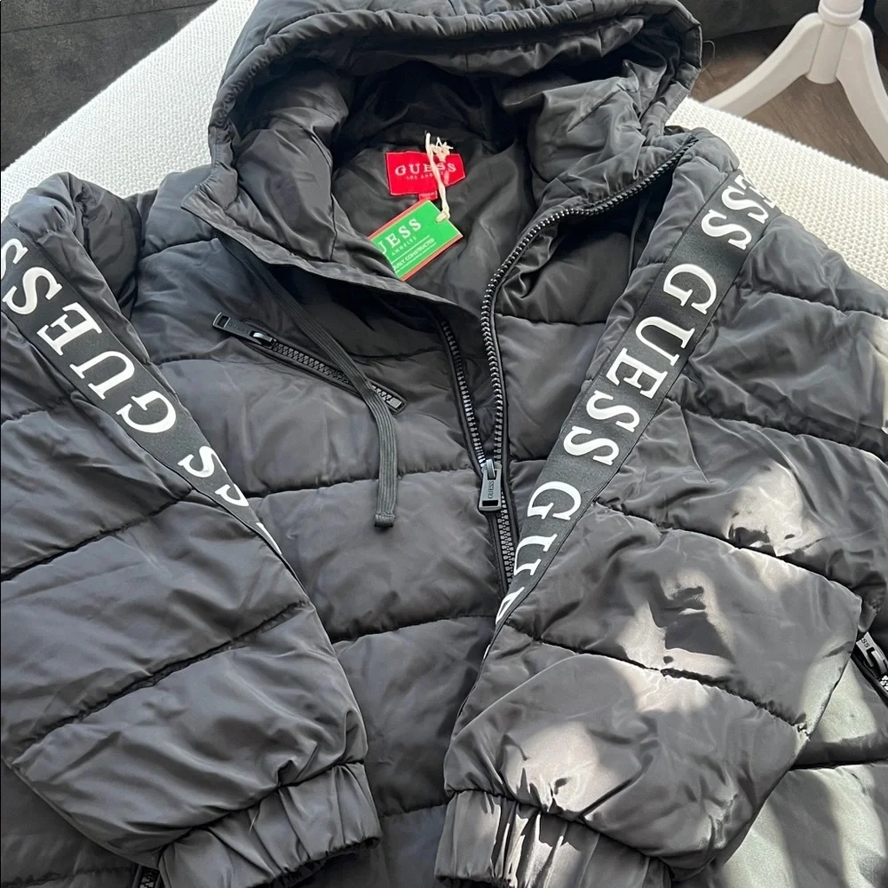 Guess Black Quilted Jacket with Logo Sleeves